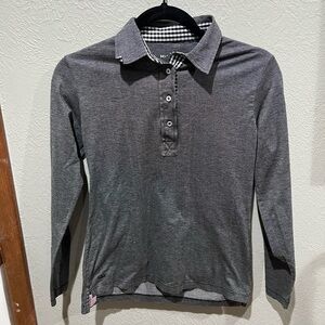 Peter Millar Gray Long Sleeve Polo Shirt Gingham Collar Detail EUC 100% Cotton